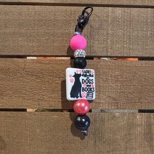 Pink and Black Beaded Keychain with Dog and Book Charm
